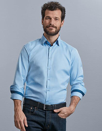 Men´s Long Sleeve Tailored Contrast Herringbone Shirt  Russell Collection R-964M-0 - Korporacyjna