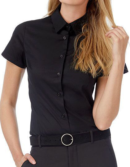 Poplin Shirt Black Tie Short Sleeve / Women B&C SWP24 - Z krótkim rękawem