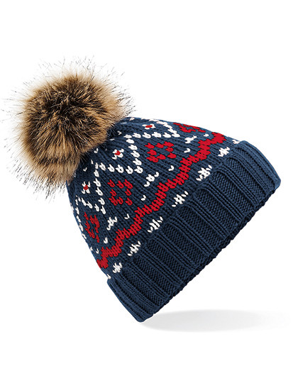 Fair Isle Faux Fur Pop Pom Beanie Beechfield B411 - Czapki zimowe