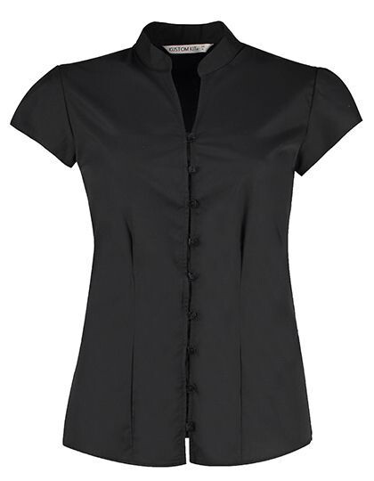 Tailored Fit Mandarin Collar Poplin Blouse Cap Sleeve Kustom Kit KK727 - Z krótkim rękawem