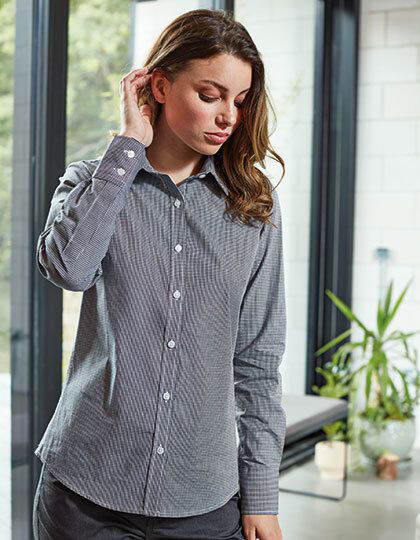 Women´s Microcheck (Gingham) Long Sleeve Cotton Shirt Premier Workwear PR320 - Z długim rękawem
