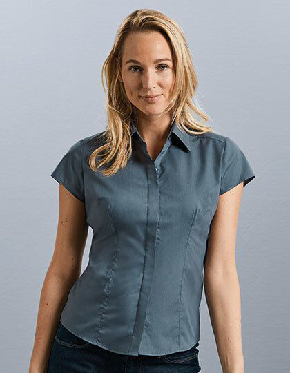 Ladies´ Cap Sleeve Fitted Polycotton Poplin Shirt Russell Collection R-925F-0 - Z krótkim rękawem