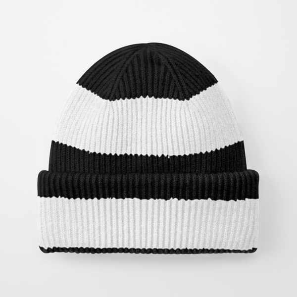 Czapka beanie w paski z wywijanym brzegiem - Black & Soft White