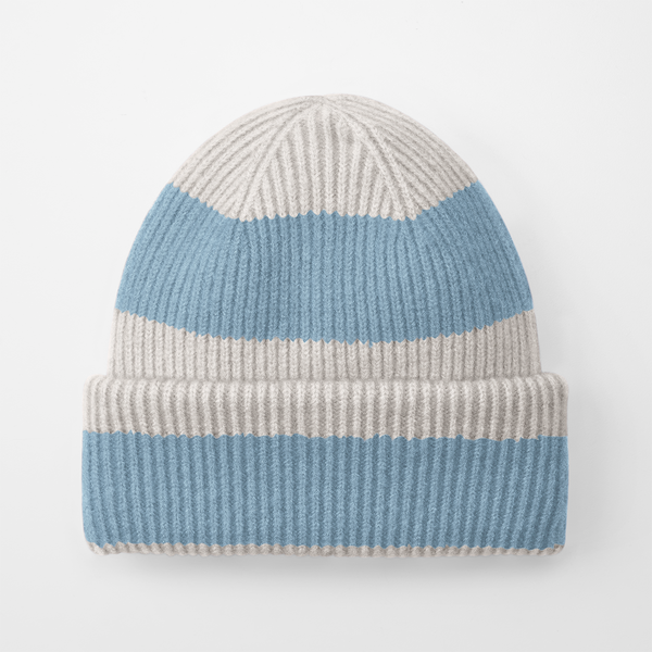 Czapka beanie w paski z wywijanym brzegiem - Natural Stone & Dusty Blue
