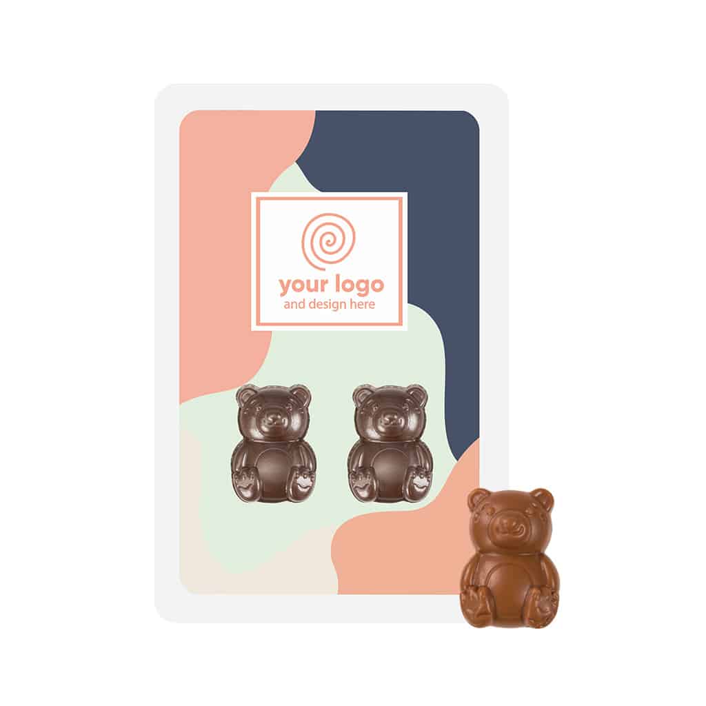 ZESTAW CZEKOLADEK PROMO CARD – DWA MISIE - czekolada karmelowa Gold (30% masła kakaowego), czekolada mleczna z miodem (33% kakao), czekolada mleczna bez cukru (33% kakao), czekolada Fairtrade (mleczna 33% lub deserowa 72% kakao)