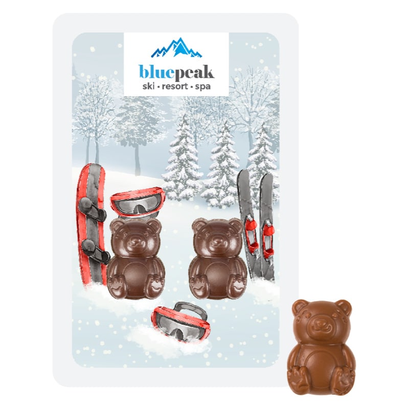 ZESTAW CZEKOLADEK PROMO CARD – DWA MISIE - czekolada karmelowa Gold (30% masła kakaowego), czekolada mleczna z miodem (33% kakao), czekolada mleczna bez cukru (33% kakao), czekolada Fairtrade (mleczna 33% lub deserowa 72% kakao)