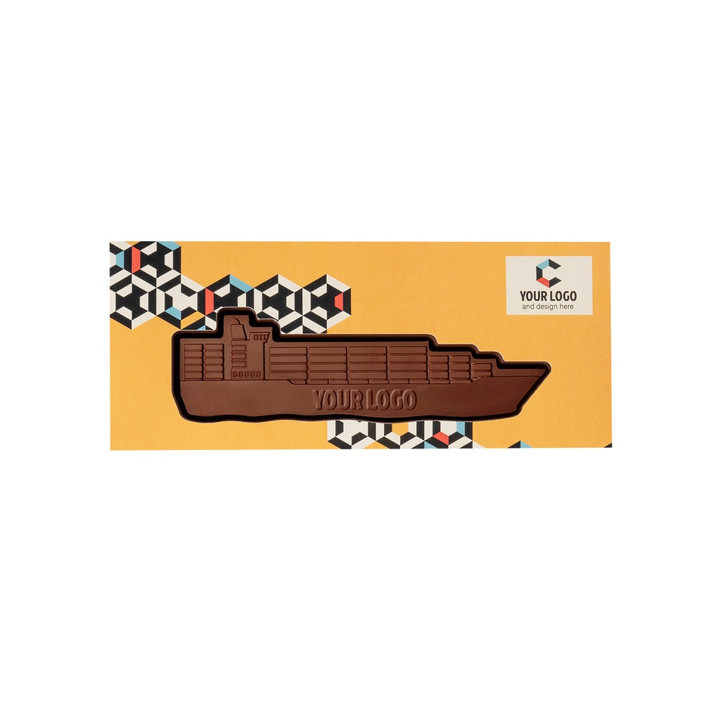 CZEKOLADOWY KSZTAŁT CHOCO4MAT KONTENEROWIEC - czekolada karmelowa Gold (30% masła kakaowego), czekolada mleczna z miodem (33% kakao), czekolada mleczna bez cukru (33% kakao), czekolada Fairtrade (mleczna 33% lub deserowa 72% kakao)