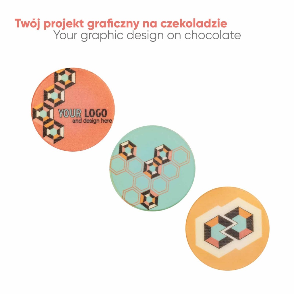 PRALINY Z NADRUKIEM CHOCO CIRCLE 6 SZT - czekolada biała (27% masła kakaowego) z nadzieniem z sycylijskich migdałów