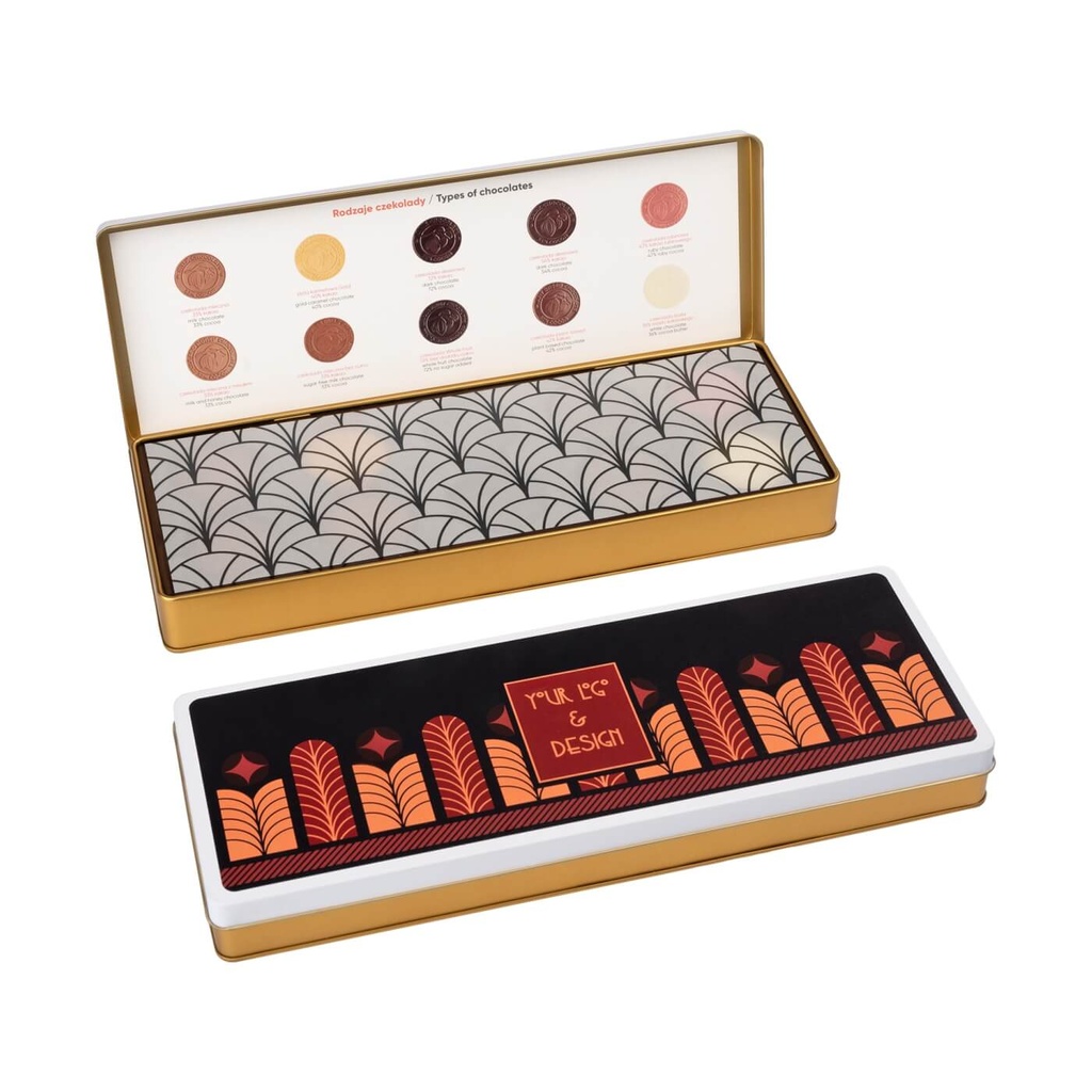 ZESTAW CZEKOLADOWYCH MEDALI W PUSZCE CHOCOLATE EXPERT - czekolada mleczna (33% kakao), czekolada biała (27% masła kakaowego), czekolada deserowa (57% kakao), czekolada deserowa (72% kakao), czekolada rubinowa (33% kakao)