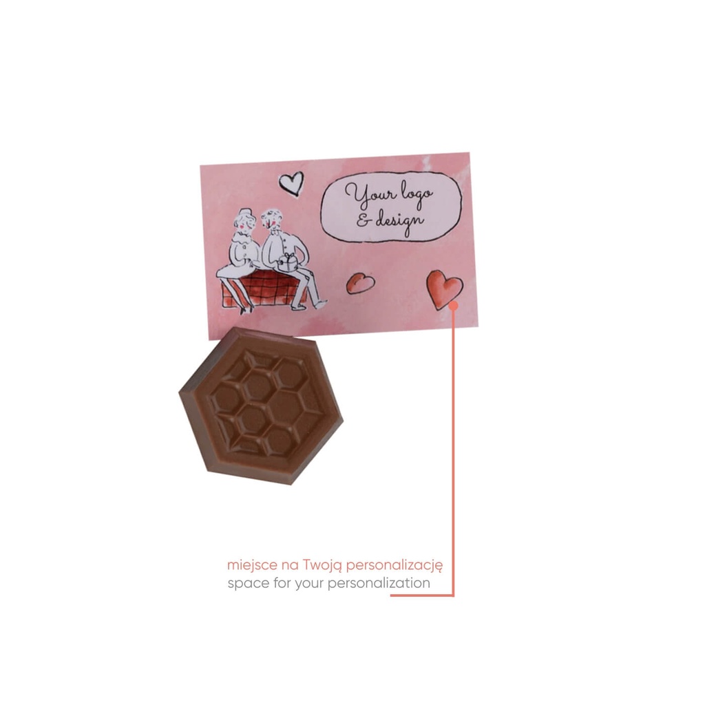 SŁODYCZE REKLAMOWE ADVERT CARD - PRALINKA HONEYBEE - pralina: czekolada mleczna (33% kakao) z dodatkiem miodu (1,5%), nadzienie cytrynowe z kwiatem hibiskusa