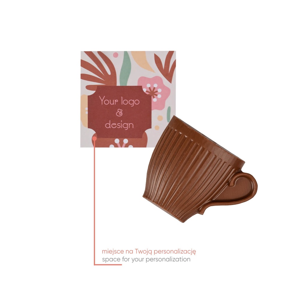 SŁODYCZE REKLAMOWE ADVERT CARD - CZEKOLADOWA FILIŻANKA - czekolada mleczna z miodem (33% kakao), czekolada mleczna bez cukru (33% kakao), czekolada mleczna Fairtrade (33% kakao), czekolada deserowa Fairtrade (72% kakao)
