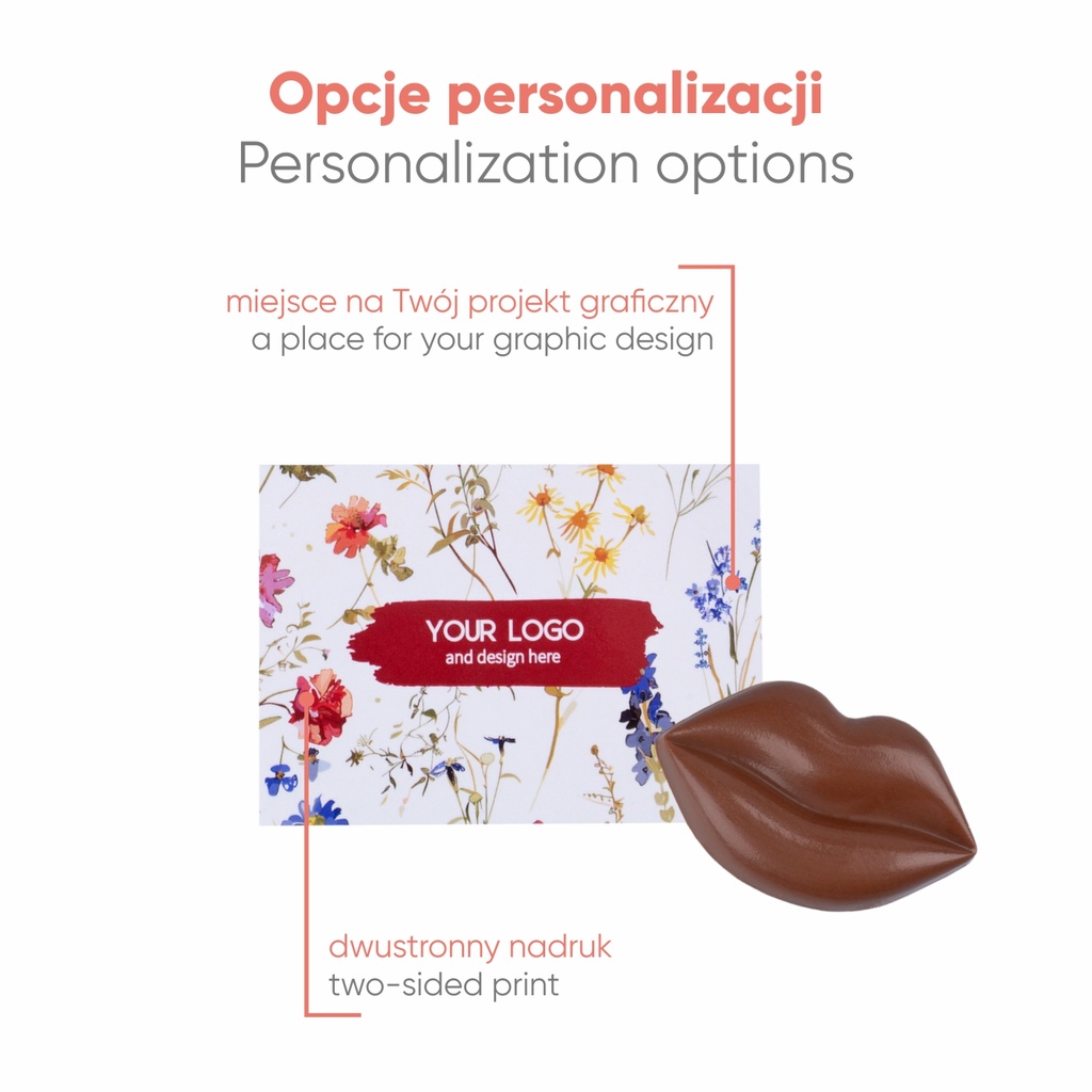 SŁODYCZE REKLAMOWE ADVERT CARD – CZEKOLADOWE USTA - czekolada mleczna (33% kakao), czekolada biała (27% masła kakaowego), czekolada deserowa (57% kakao), czekolada deserowa (72% kakao), czekolada rubinowa (33% kakao)