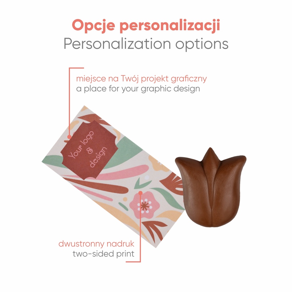 SŁODYCZE REKLAMOWE ADVERT CARD - CZEKOLADKA TULIPAN - czekolada deserowa (72% kakao), czekolada rubinowa (33% kakao rubinowego), złota karmelowa Gold (30% masła kakaowego), czekolada mleczna z miodem (33% kakao)