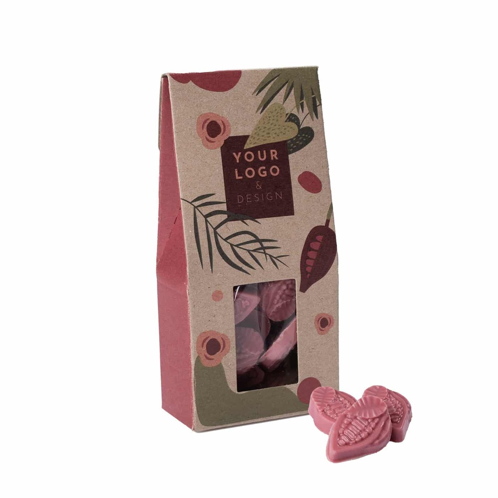 SŁODYCZE REKLAMOWE CHOCO BEAN BAG - czekolada mleczna (33% kakao), czekolada biała (27% masła kakaowego), czekolada deserowa (57% kakao), czekolada deserowa (72% kakao), czekolada rubinowa (33% kakao)