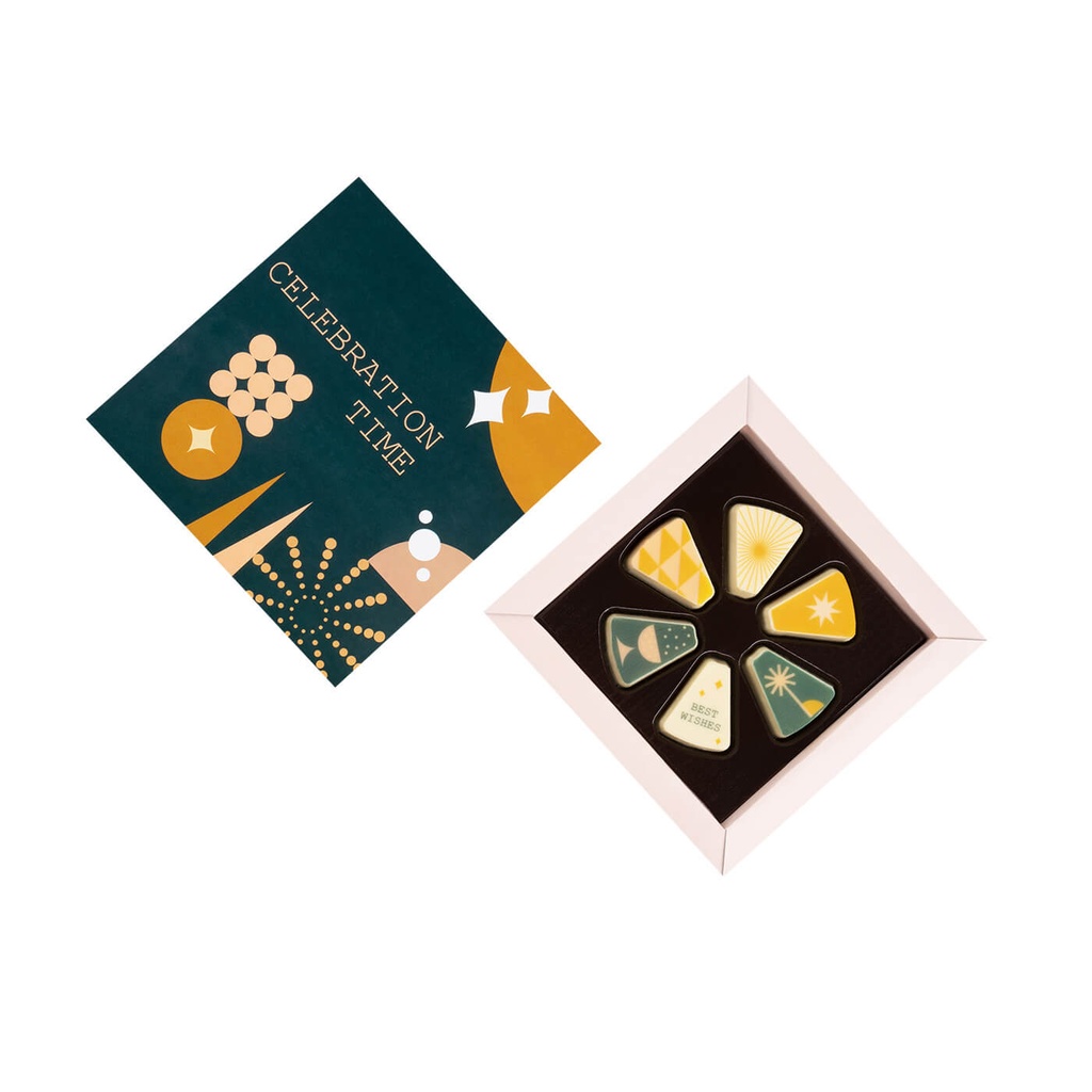 PRALINY Z NADRUKIEM CELEBRATION CAKE 6 SZT - czekolada biała (27% masła kakaowego) z nadzieniem szampańskim