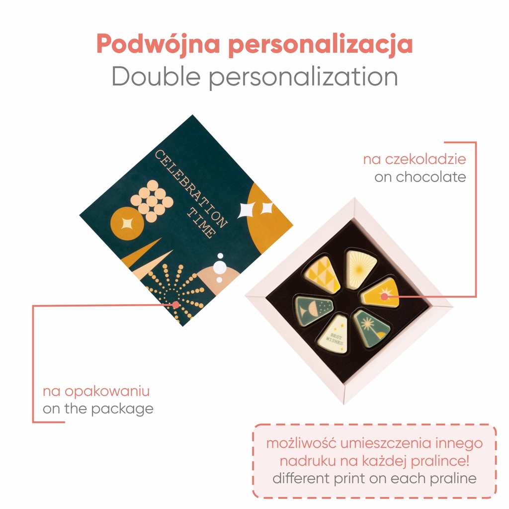 PRALINY Z NADRUKIEM CELEBRATION CAKE 6 SZT - czekolada biała (27% masła kakaowego) z nadzieniem szampańskim