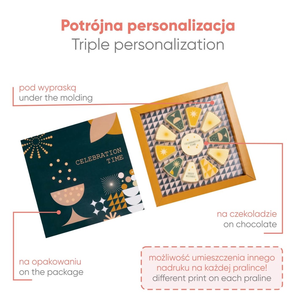 PRALINY Z NADRUKIEM GRAND CELEBRATION CAKE 11 SZT - czekolada biała (27% masła kakaowego) z nadzieniem szampańskim