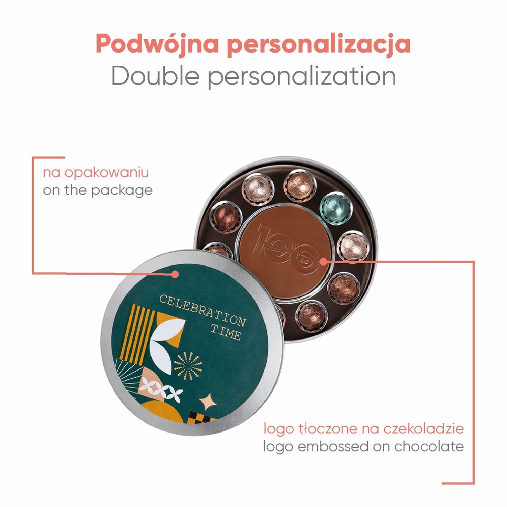 KOLEKCJA SWEET SPHERE CELEBRATION - czekolada karmelowa Gold (30% masła kakaowego), czekolada mleczna z miodem (33% kakao), czekolada mleczna bez cukru (33% kakao), czekolada Fairtrade (mleczna 33% lub deserowa 72%)