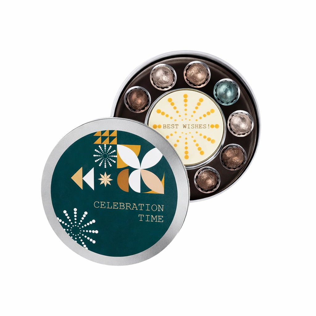 KOLEKCJA SWEET SPHERE CELEBRATION PRINT - praliny: miks smaków - czekolada mleczna (33% kakao) z nadzieniem z dodatkiem orzechów laskowych, orzechów włoskich, migdałów lub pistacji