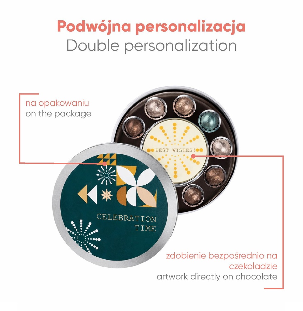 KOLEKCJA SWEET SPHERE CELEBRATION PRINT - praliny: miks smaków - czekolada mleczna (33% kakao) z nadzieniem z dodatkiem orzechów laskowych, orzechów włoskich, migdałów lub pistacji