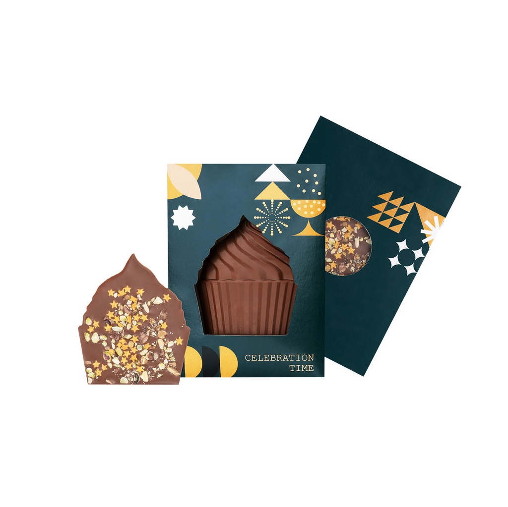 CZEKOLADOWY KSZTAŁT CELEBRATION MUFFIN - czekolada karmelowa Gold (30% masła kakaowego), czekolada mleczna z miodem (33% kakao), czekolada mleczna bez cukru (33% kakao), czekolada Fairtrade (mleczna 33% lub deserowa 72% kakao)