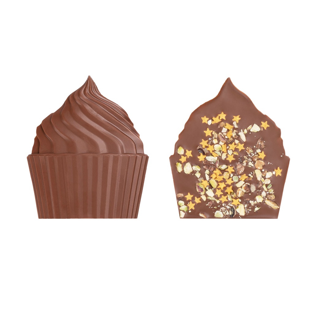 CZEKOLADOWY KSZTAŁT CELEBRATION MUFFIN - czekolada karmelowa Gold (30% masła kakaowego), czekolada mleczna z miodem (33% kakao), czekolada mleczna bez cukru (33% kakao), czekolada Fairtrade (mleczna 33% lub deserowa 72% kakao)