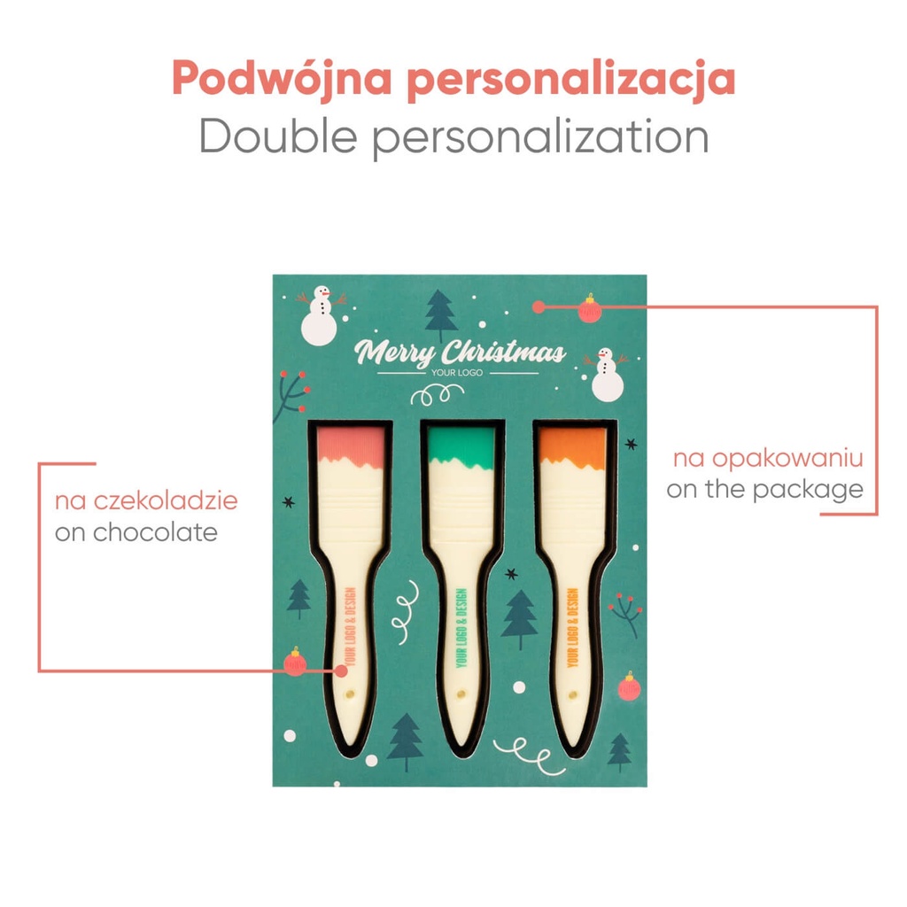 ZESTAW CZEKOLADEK Z NADRUKIEM PĘDZLE 3 SZT - czekolada biała (27% masła kakaowego)