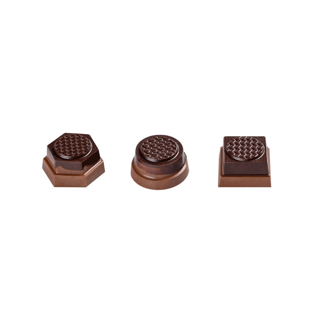 PRALINKI COFFEE BLISS QUARTET - praliny z mlecznej czekolady (33% kakao) z nadzieniem z dodatkiem kawy Pluton i pieczęcią z deserowej czekolady (57% kakao)