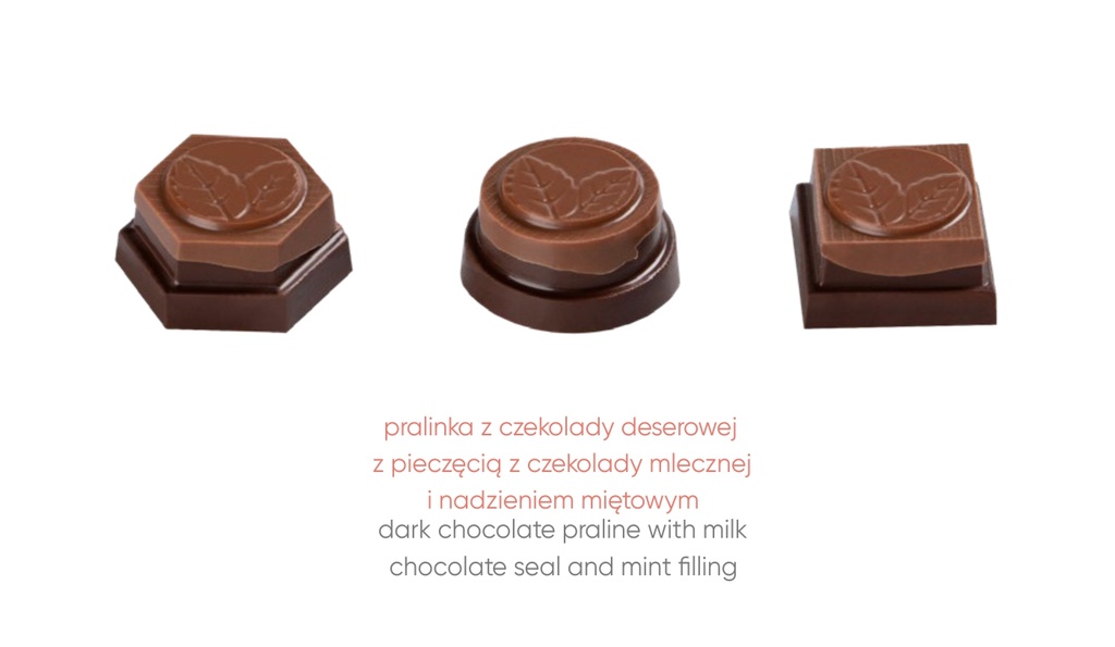 PRALINKA MINT BLISS - praliny z deserowej czekolady (57% kakao) z nadzieniem miętowym i pieczęcią z czekolady mlecznej (33% kakao)