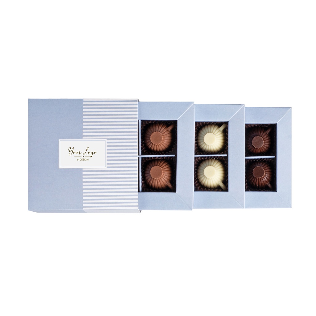 KOLEKCJA CHOCOFINO TERRAZZE - praliny filiżanki: czekolada mleczna (33% kakao) z nadzieniem kawowym z Baileys, czekolada biała (27% masła kakaowego) z nadzieniem matcha, czekolada deserowa (57% kakao) z nadzieniem z miętą