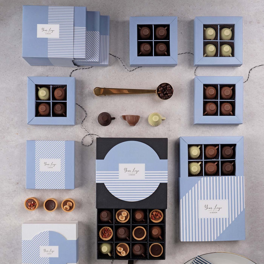 KOLEKCJA CHOCOFINO TERRAZZE - praliny filiżanki: czekolada mleczna (33% kakao) z nadzieniem kawowym z Baileys, czekolada biała (27% masła kakaowego) z nadzieniem matcha, czekolada deserowa (57% kakao) z nadzieniem z miętą