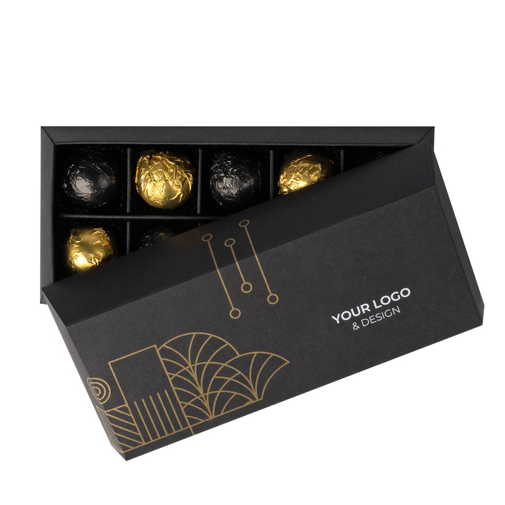 BOMBONIERKA UNCJA GOLDEN SPHERES - praliny mix smaków: czekolada mleczna (33% kakao) z nadzieniem z dodatkiem orzechów laskowych, czekolada mleczna (33% kakao) z nadzieniem wiśniowym