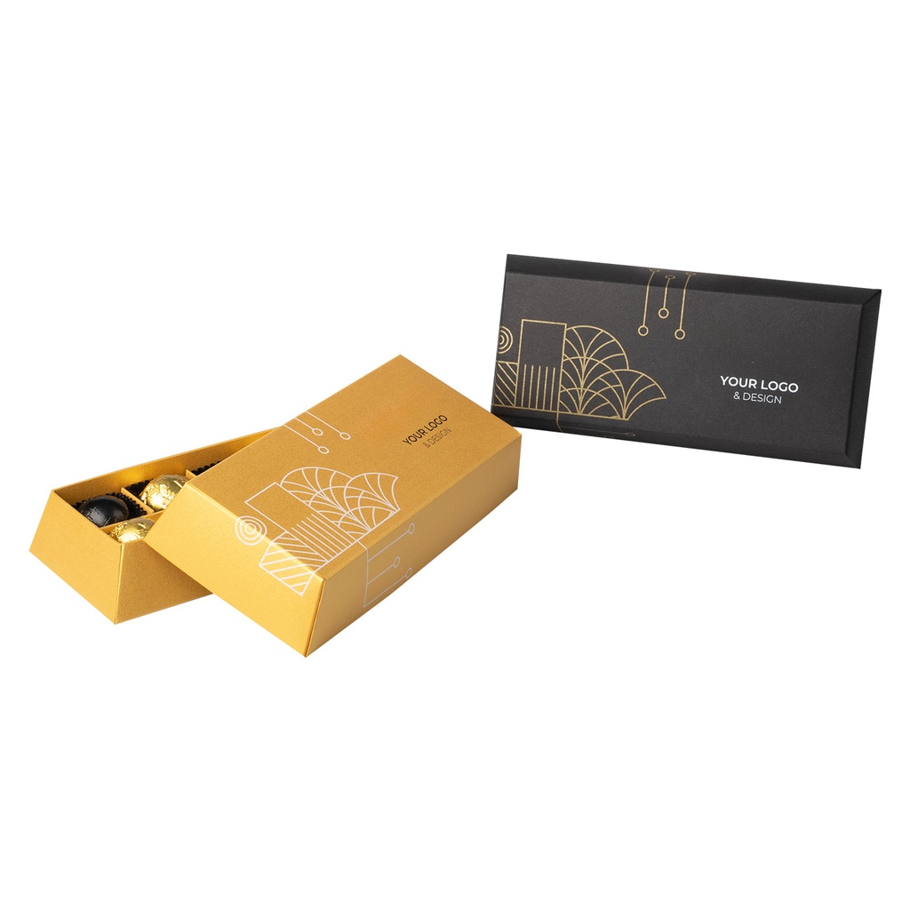 BOMBONIERKA UNCJA GOLDEN SPHERES - praliny mix smaków: czekolada mleczna (33% kakao) z nadzieniem z dodatkiem orzechów laskowych, czekolada mleczna (33% kakao) z nadzieniem wiśniowym