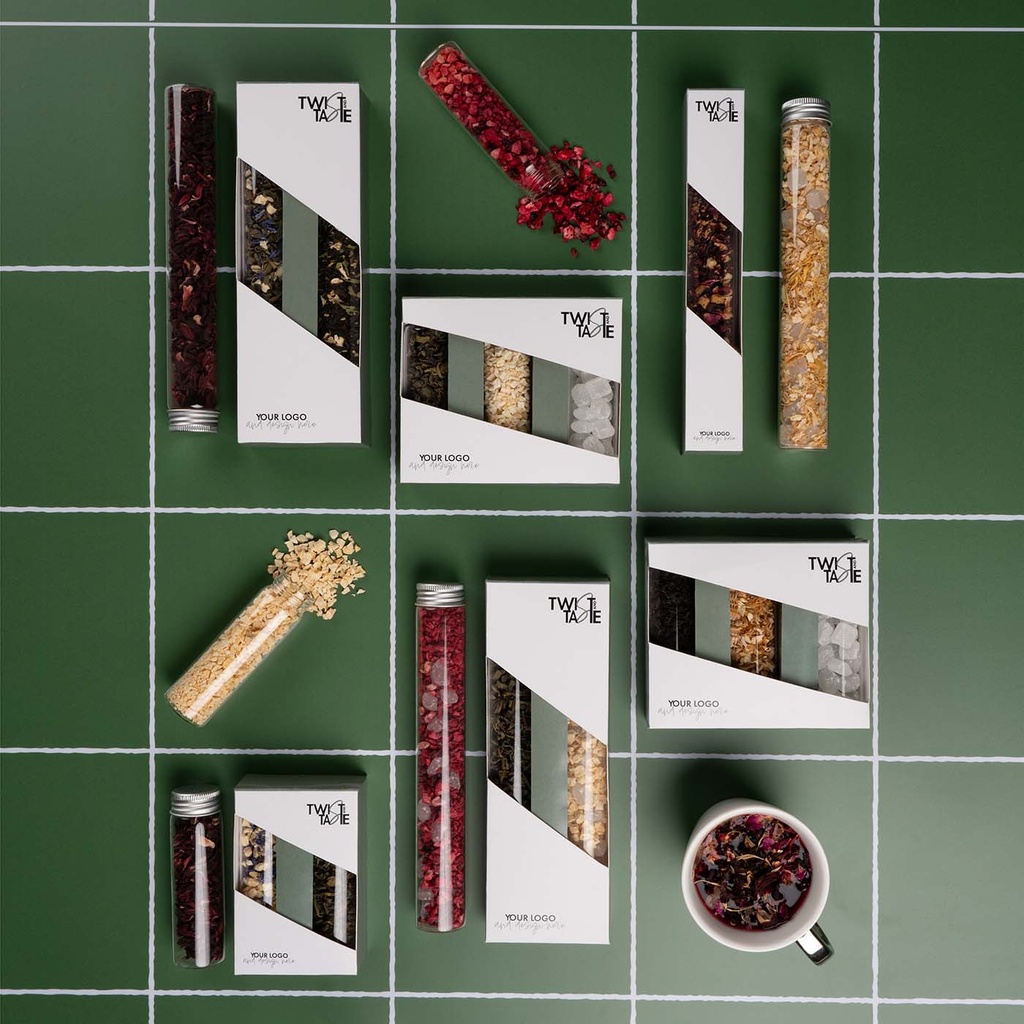 KOLEKCJA TEA TWIST MIDI DUO - Peach Twist - zielona herbata i brzoskwinia liofilizowana z bławatkiem