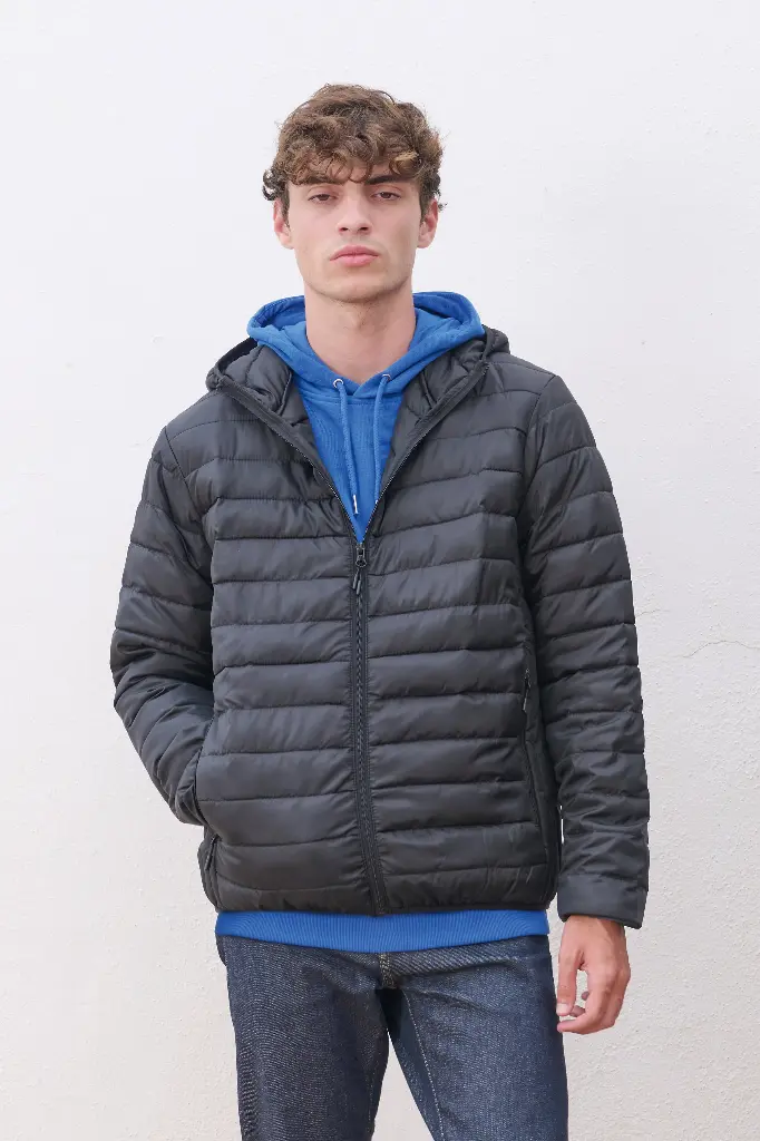 Męska lekka pikowana kurtka z kapturem - French Navy