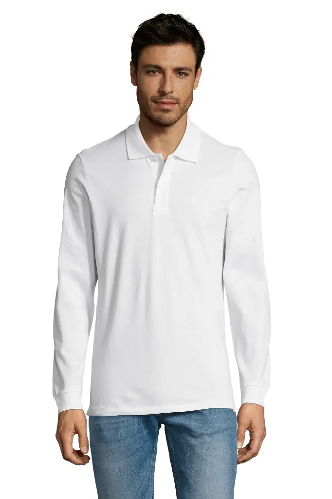 Męska koszulka polo z długim rękawem - White