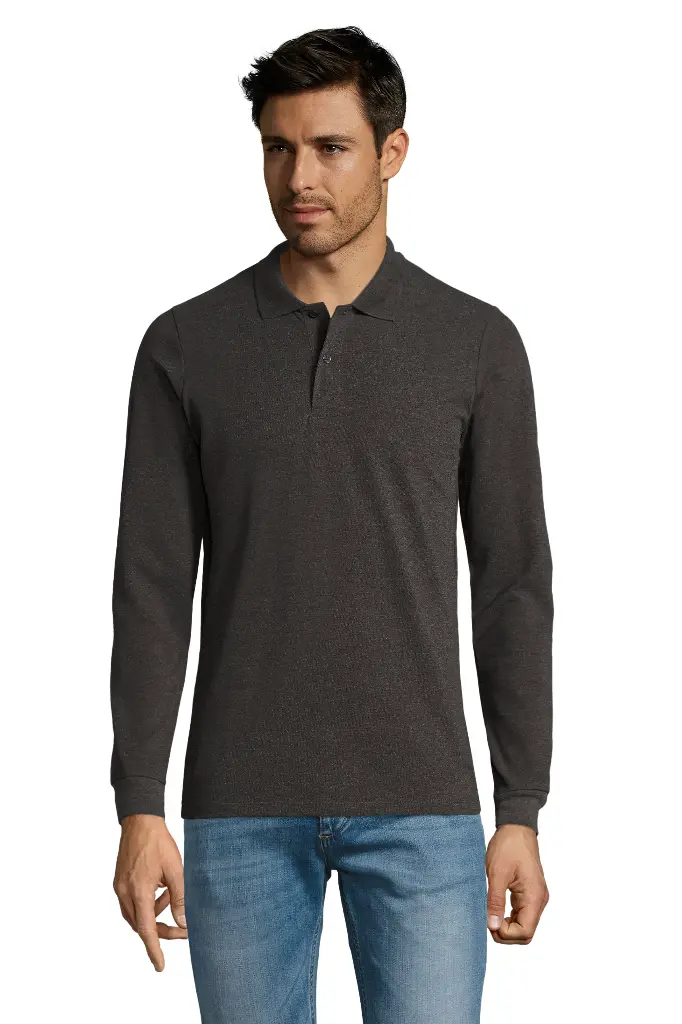 Męska koszulka polo z długim rękawem - Charcoal Melange