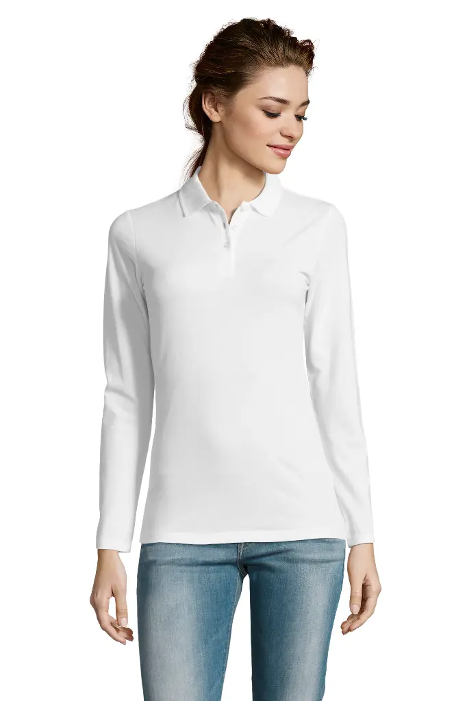 Damska koszulka polo z długim rękawem - White