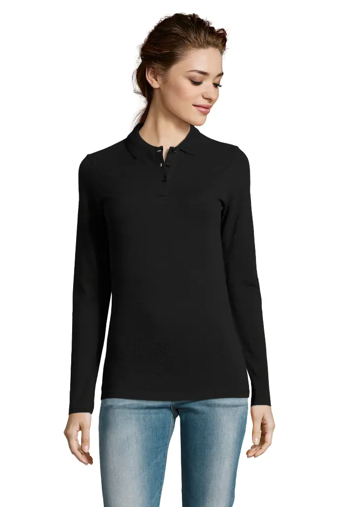 Damska koszulka polo z długim rękawem - Black