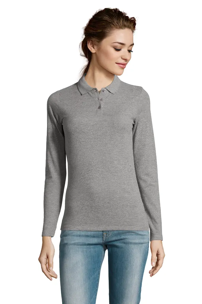Damska koszulka polo z długim rękawem - Grey Melange