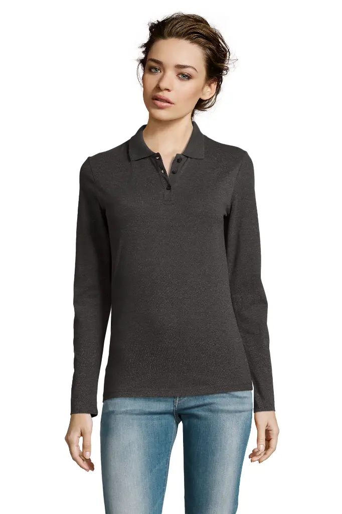 Damska koszulka polo z długim rękawem - Charcoal Melange