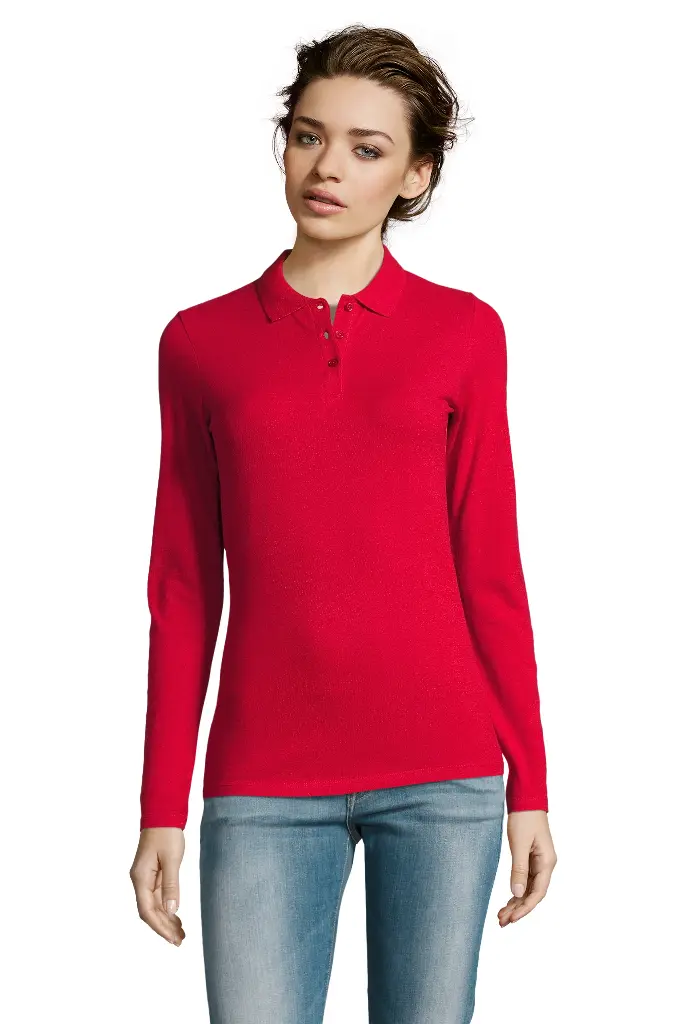 Damska koszulka polo z długim rękawem - Red