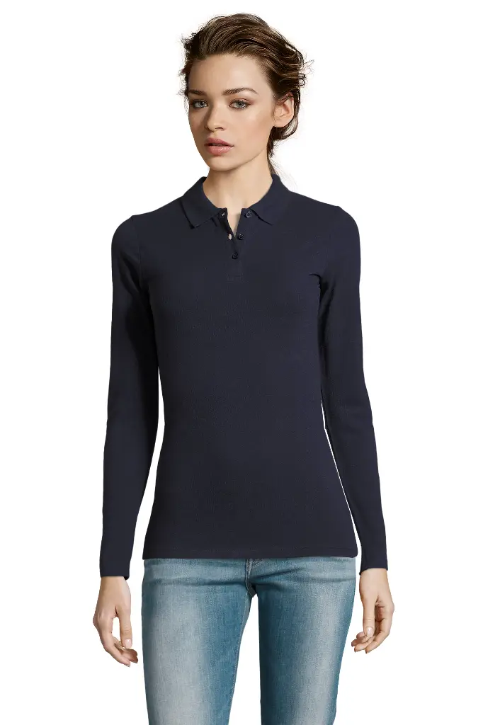 Damska koszulka polo z długim rękawem - French Navy