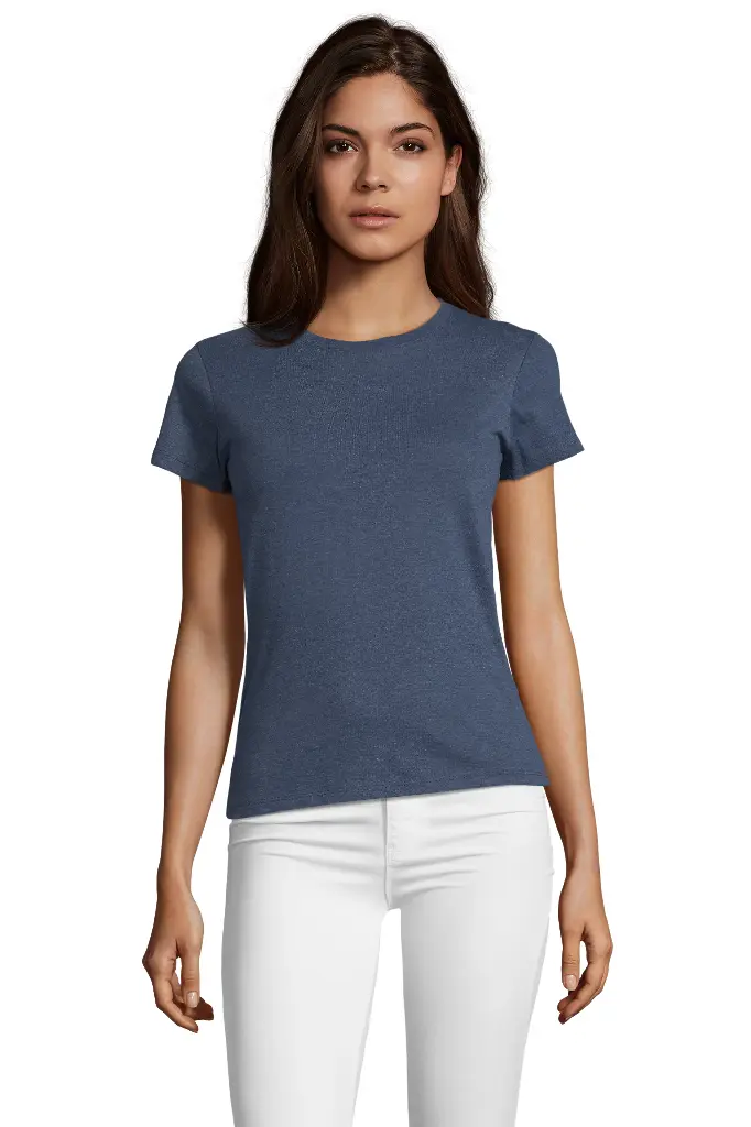 Damski T-shirt z Okrągłym Dekoltem - Heather Denim