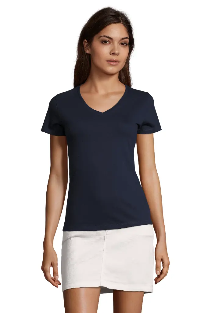 Damski T-shirt z dekoltem w serek, krótki rękaw - French Navy