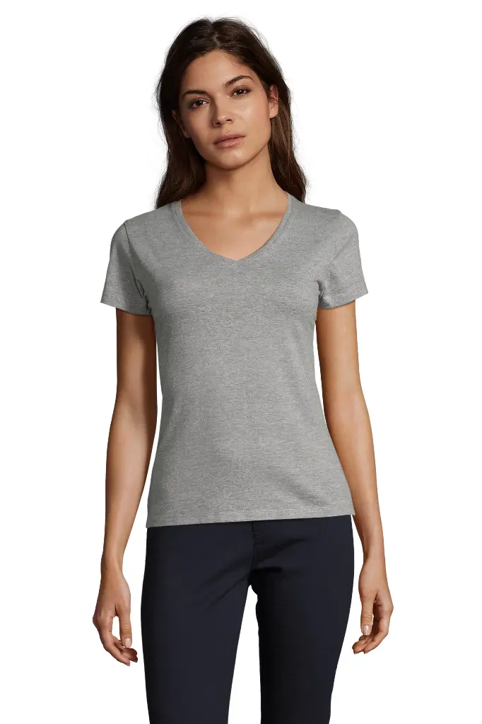 Damski T-shirt z dekoltem w serek, krótki rękaw - Grey Melange