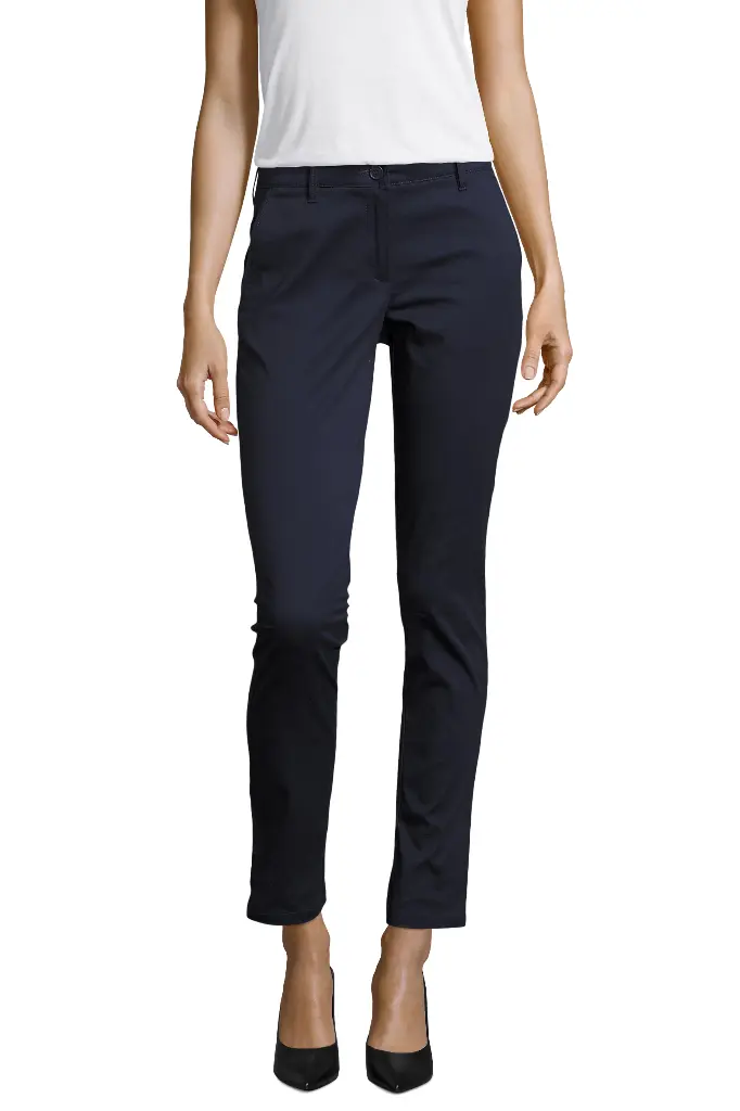 Dopasowane spodnie damskie z satyny - French Navy