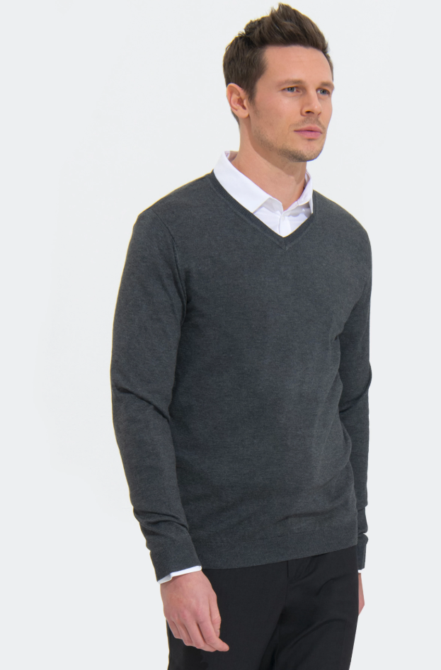 Sweter męski slim z dekoltem w serek - Charcoal Melange