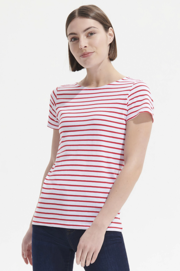 Damski T-shirt w paski z okrągłym dekoltem, krótki rękaw - White & Red