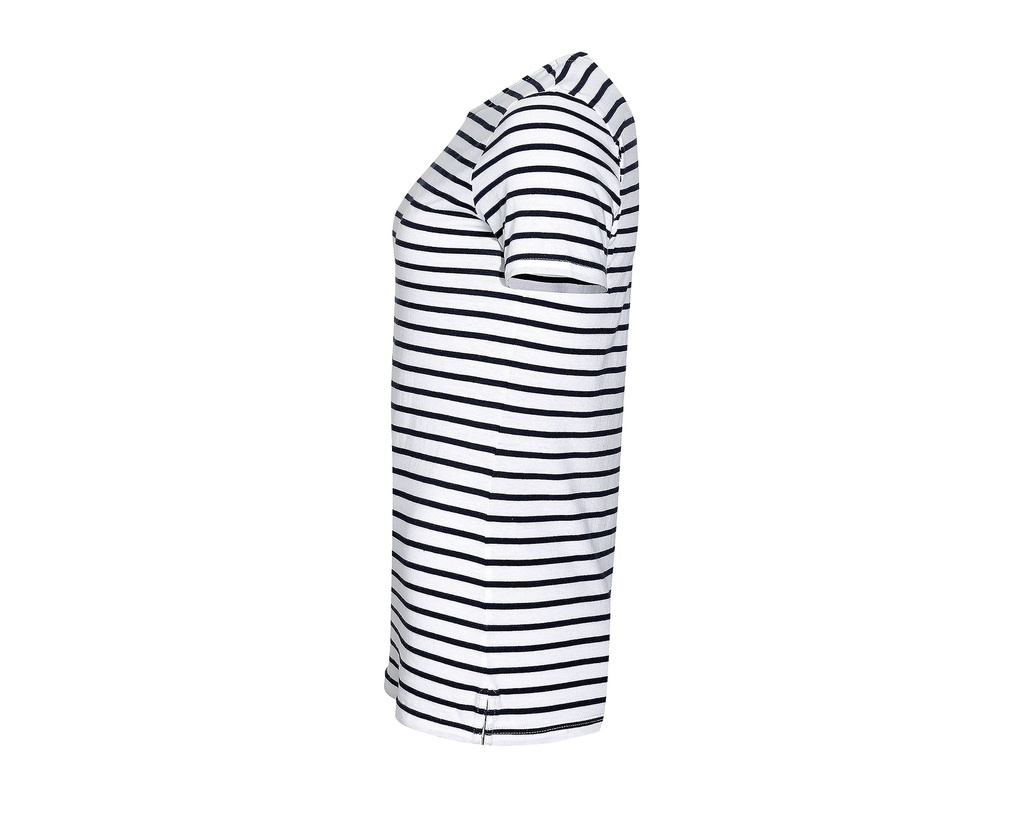 Damski T-shirt w paski z okrągłym dekoltem, krótki rękaw - White & Navy